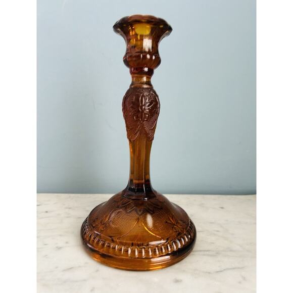 Vintage 8.5” T Tierra Amber Brown Press Cut Glass Candlestick Holder Home Decor - Picture 13 of 16